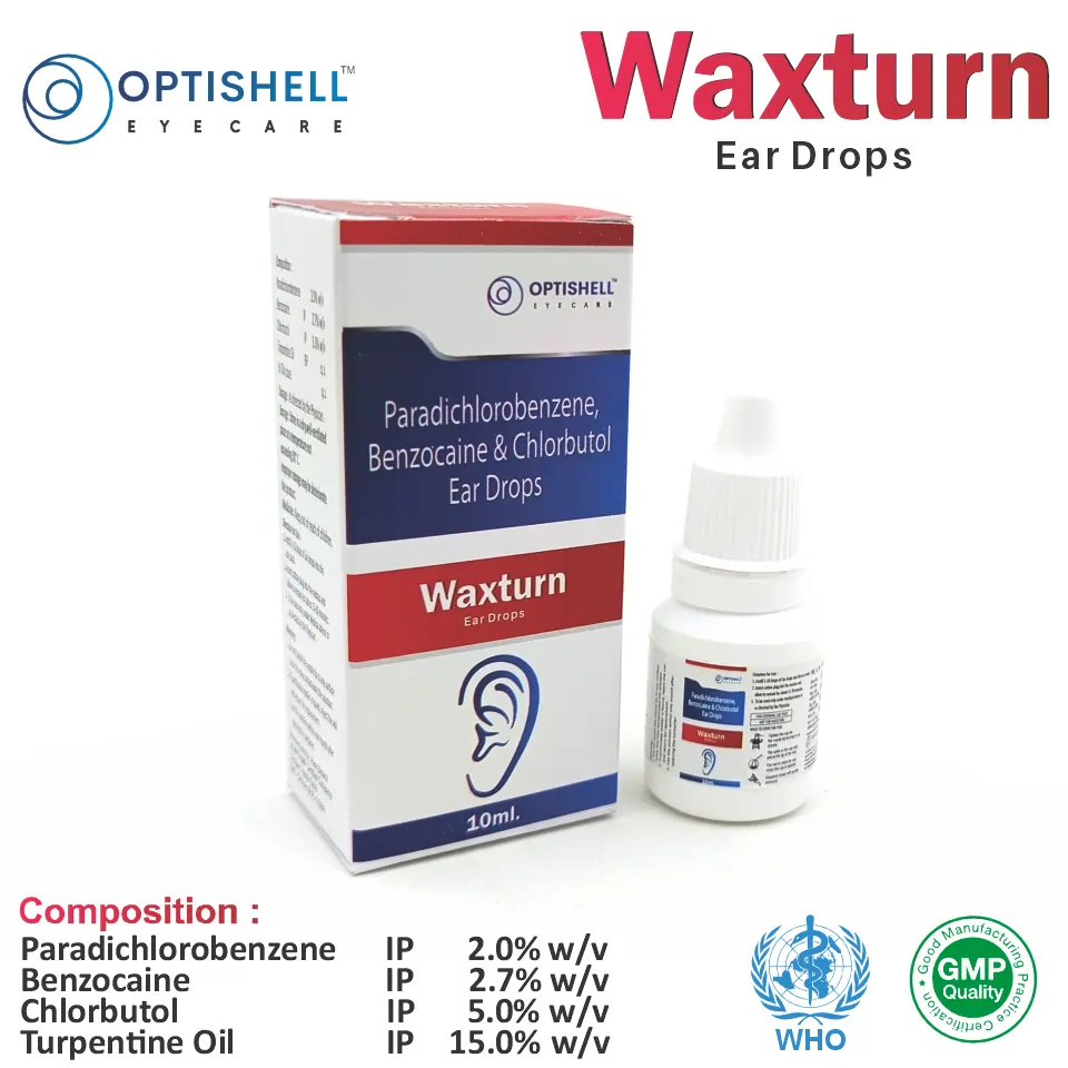 Benzocaine + Chlorbutol + Paradichlorobenzene + Turpentine Oil Drop at best price in PCD Pharma Franchise for Ear Pain Relief.